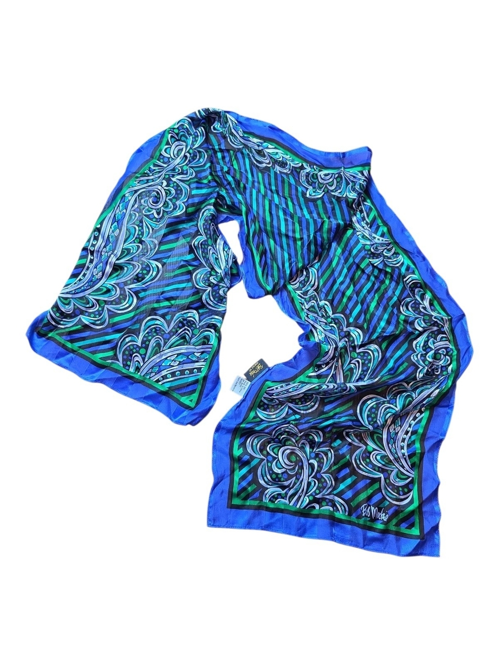 BOB MACKIE Wearable Art | 100% Silk Scarf‎ Blue Green Abstract Paisley Striped